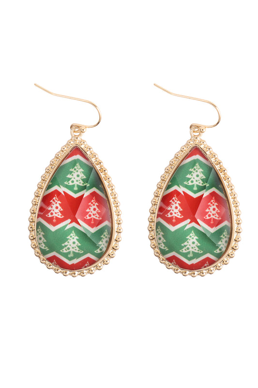 Christmas Tree Epoxy Teardrop Fish Hook Earrings Gold Multicolor