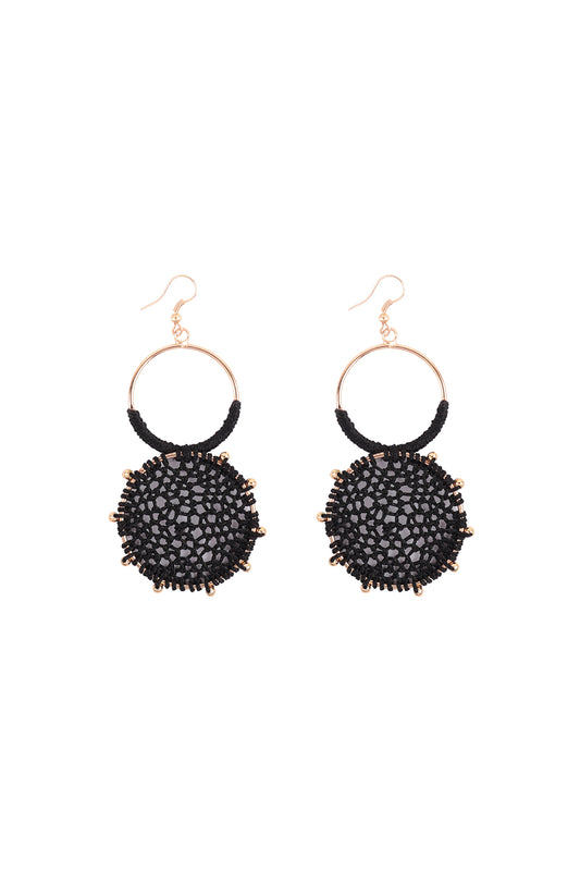 Rattan Knitted Round Link Dangle Earring Black