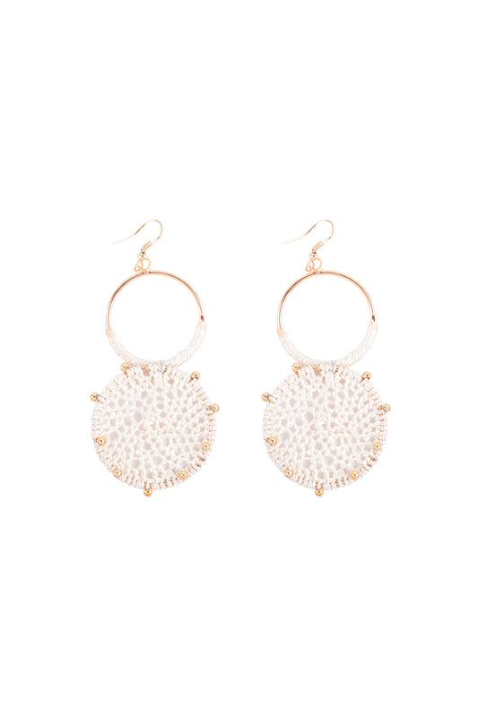 Rattan Knitted Round Link Dangle Earrings Ivory