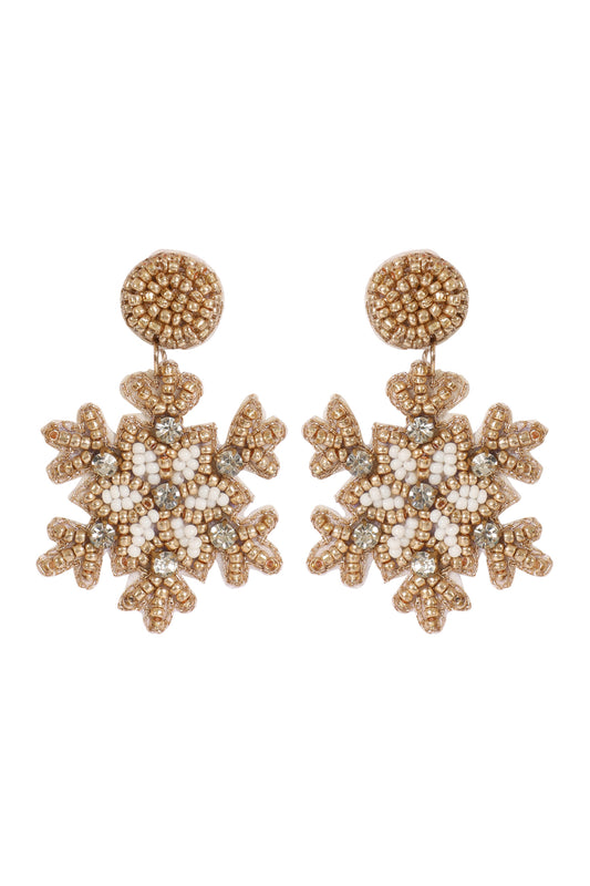 Christmas Snowflake Seed Bead Drop Earrings Gold