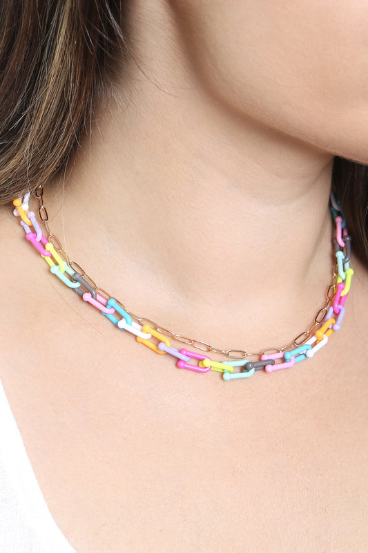 Acetate Metal Link Layered Necklace and Earrings Set