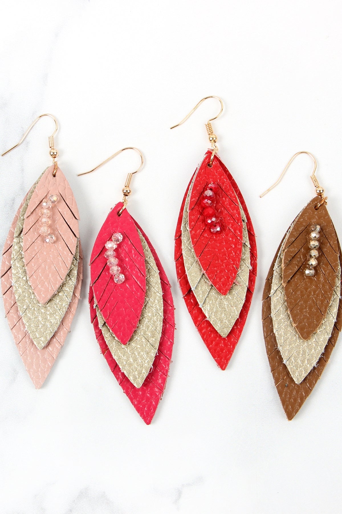 Three Layer Fringed Leather Marquise Earrings