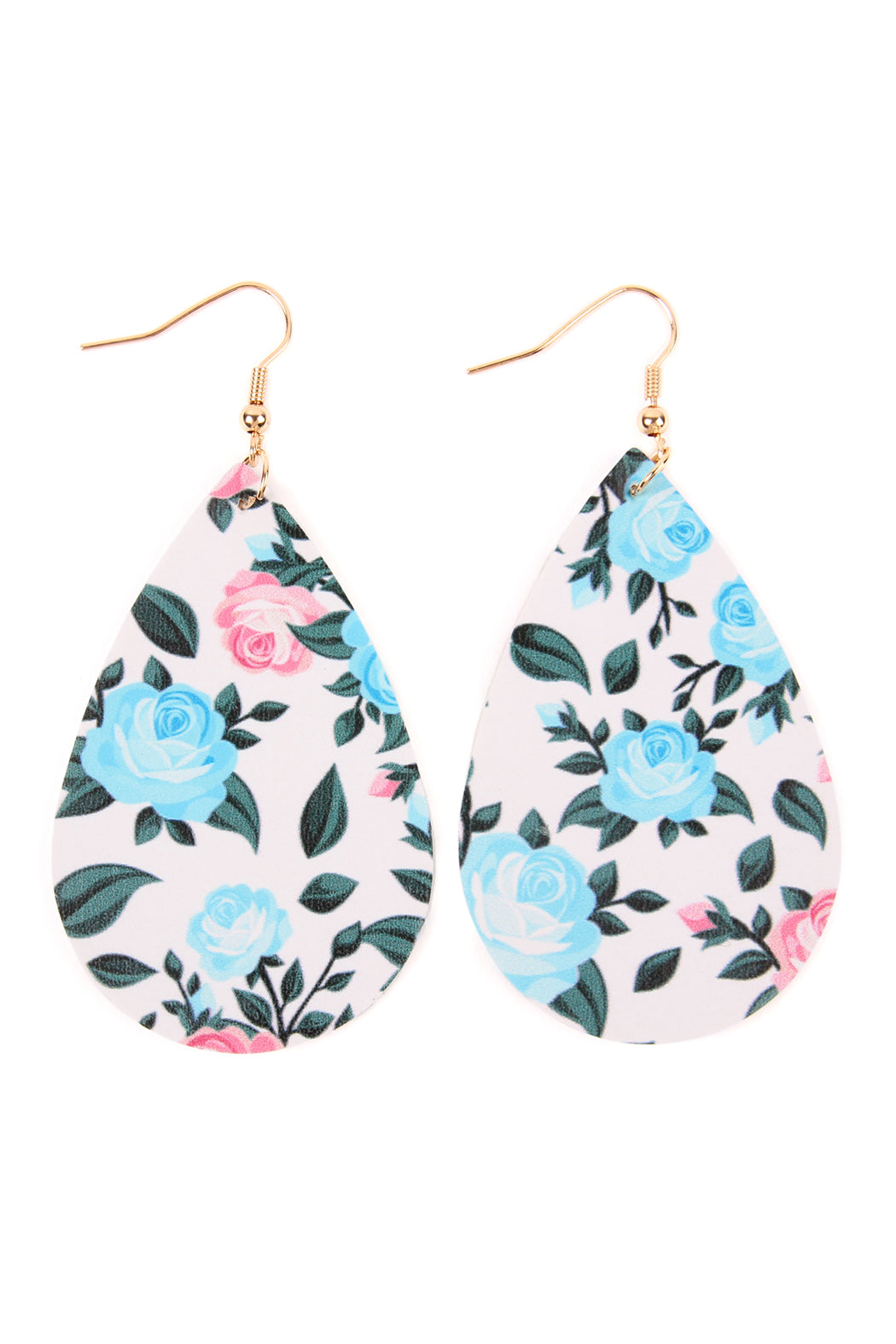 Blue Teardrop Floral Leather Earrings