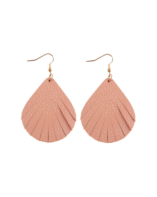 Dusty Pink Fringed Pear Shape Leather Earrings