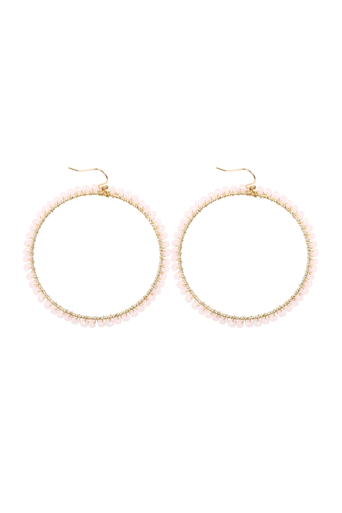 Pink White Wire Hoop With Glass Beads Hook Earrings