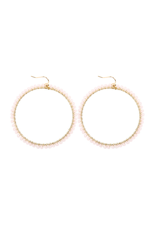 Pink White Wire Hoop With Glass Beads Hook Earrings