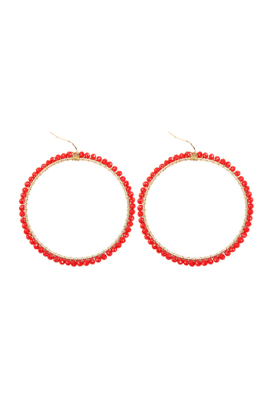 Red Wire Hoop With Glass Beads Hook Earrings