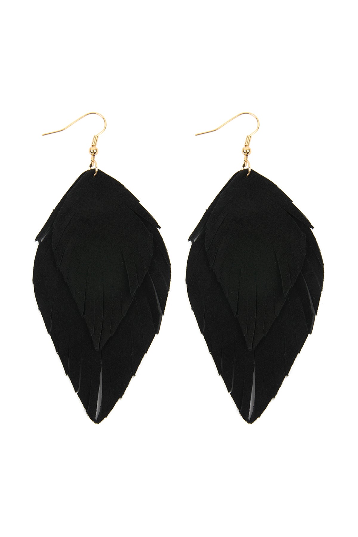 Black Layered Fringe Leather Hook Earrings
