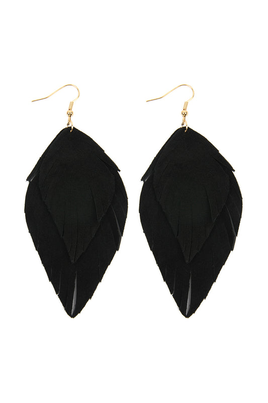Black Layered Fringe Leather Hook Earrings