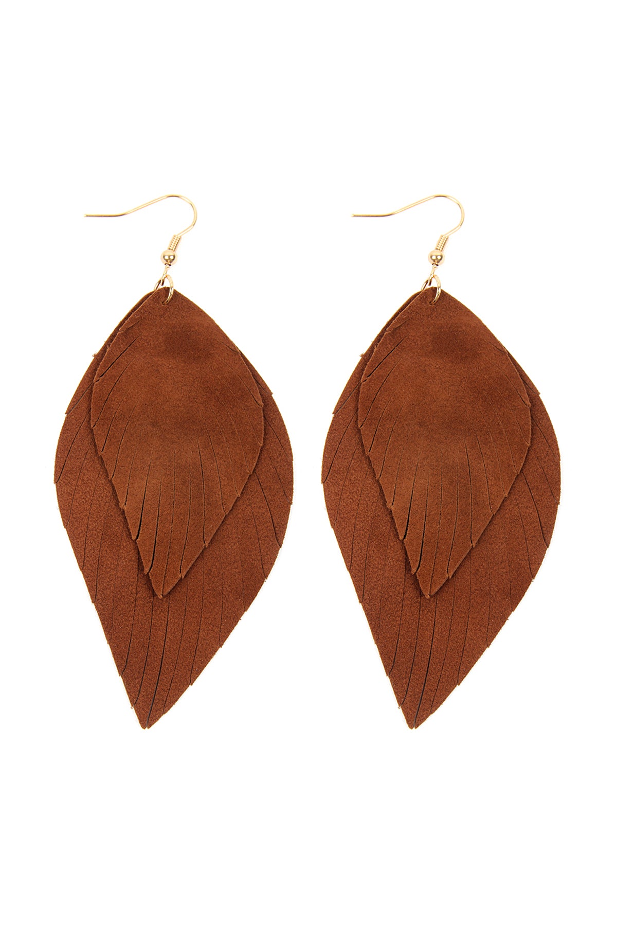 Brown Layered Fringe Leather Hook Earrings