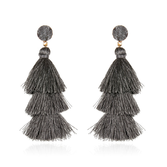Gray Druzy Post Tassel Drop Earrings