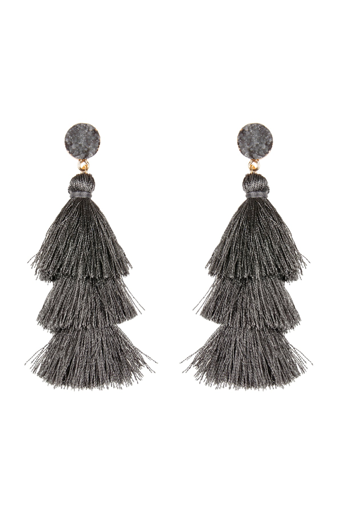 Gray Druzy Post Tassel Drop Earrings
