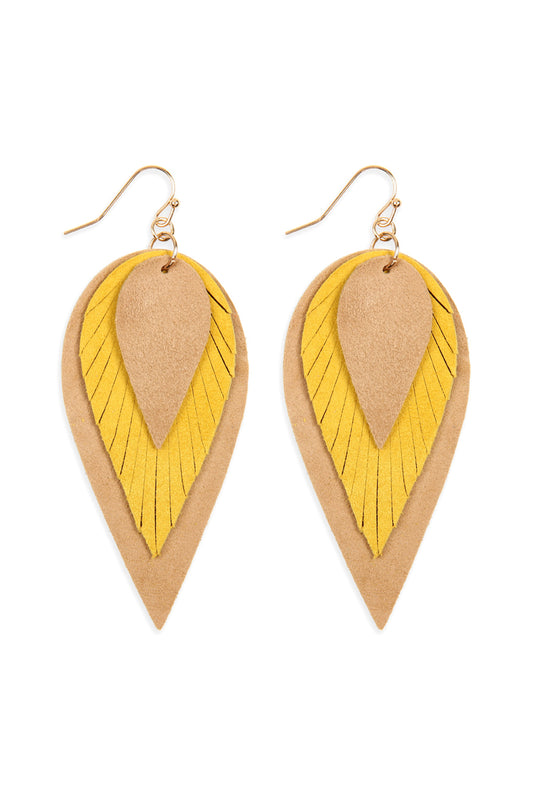 Mustard 3 Layers Leather Reverse Teardrop Earrings