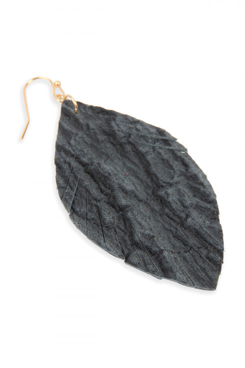 Black Fringed Crumpled Marquise Leather Earrings