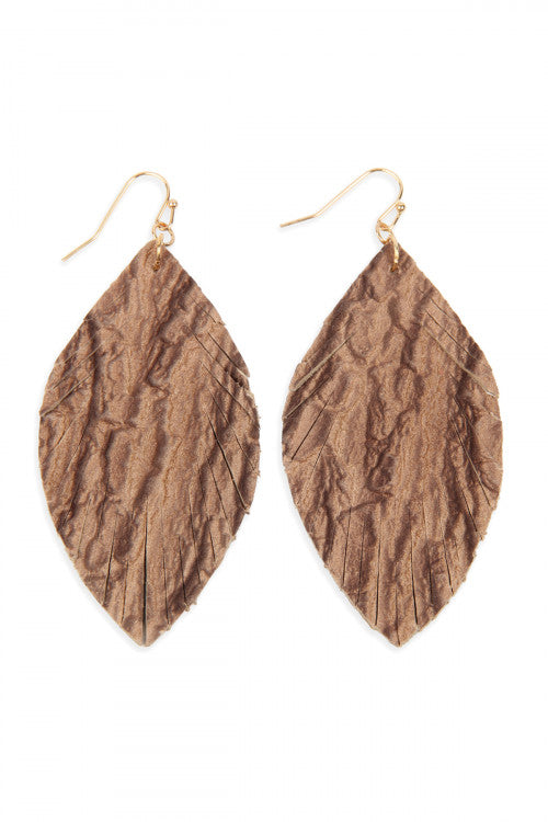 Brown Fringed Crumpled Marquise Leather Earrings