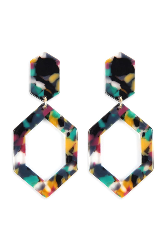 Dark Multi Color Linked Polygon Tortoise Acetate Drop Earrings