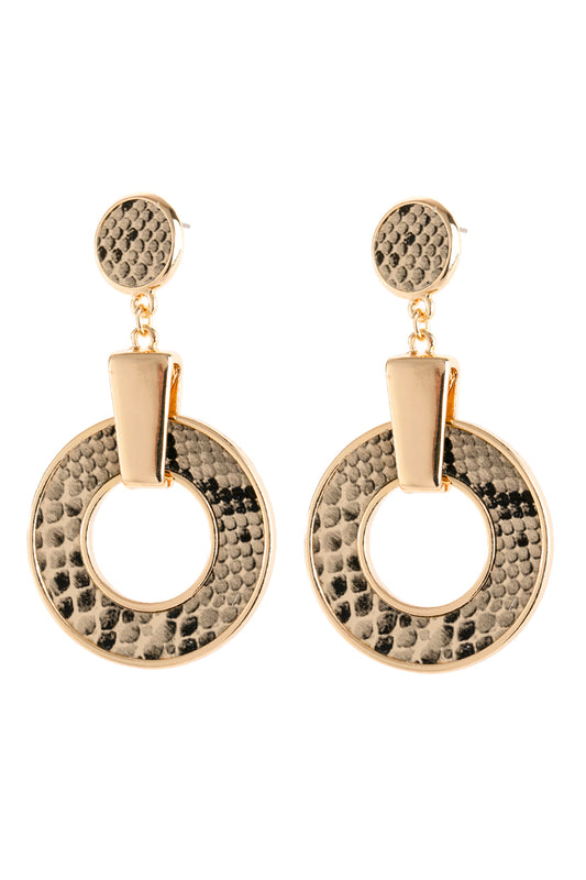 Light Brown Linked Hoop Snake Skin Printed Dangle Post Earrings