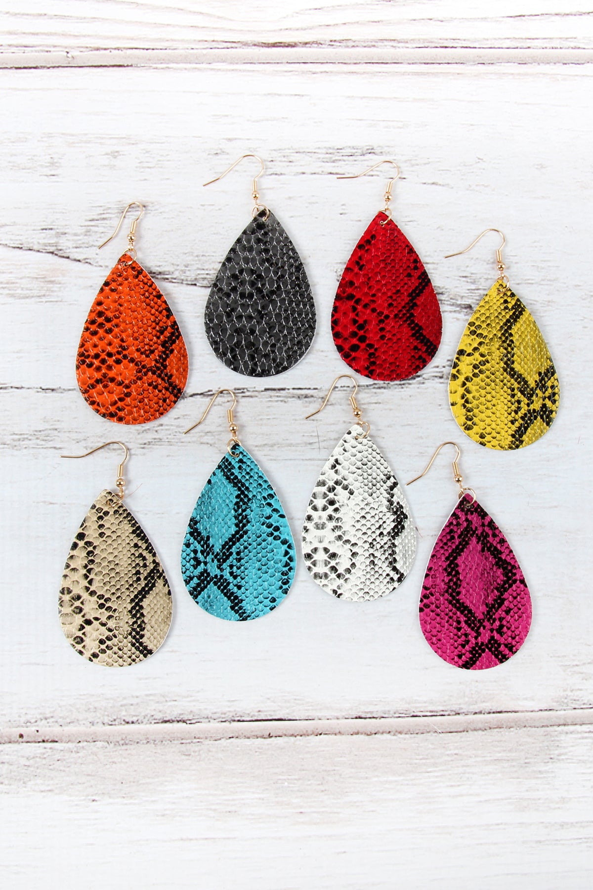 Brown Snake Skin Leather Teardrop Earrings