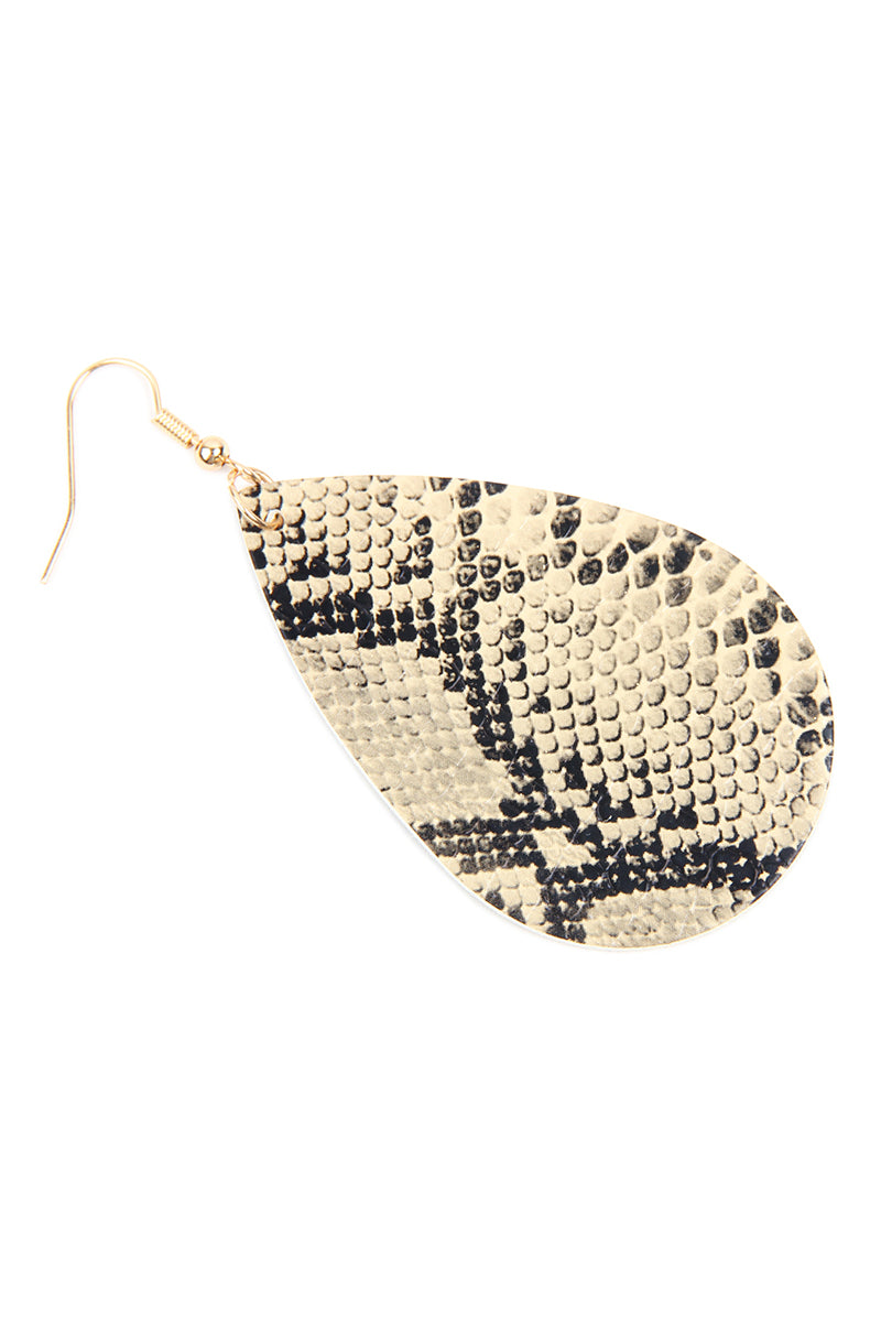 Brown Snake Skin Leather Teardrop Earrings