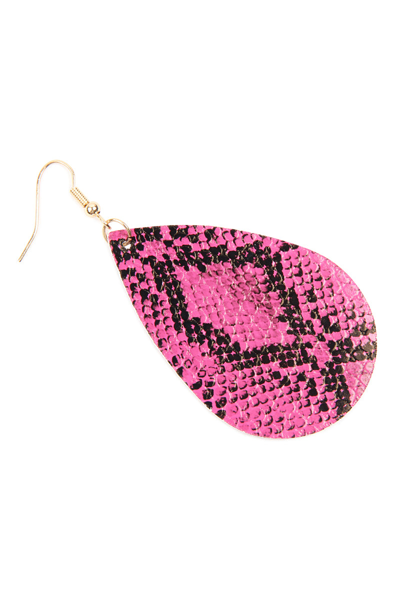 Brown Snake Skin Leather Teardrop Earrings