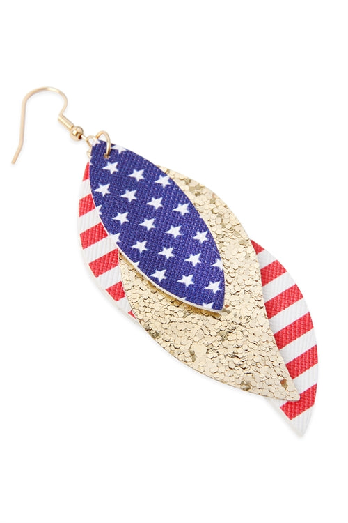 USA Accent Leaf Layered Leather Drop Earrings
