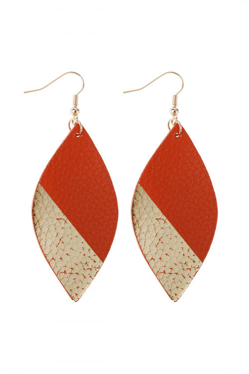 Gold Orange Marquise Leather Drop Fish Hook Earrings