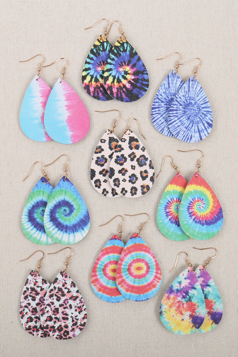 Multi Color Abstract Design Leather Teardrop Hook Earrings