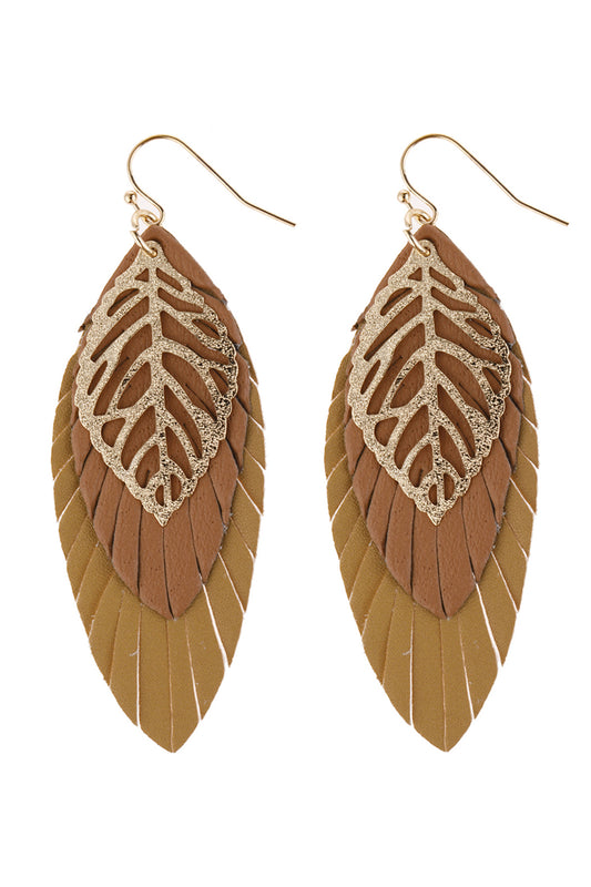 Brown Leaf Layered Fringed Leather Earrings