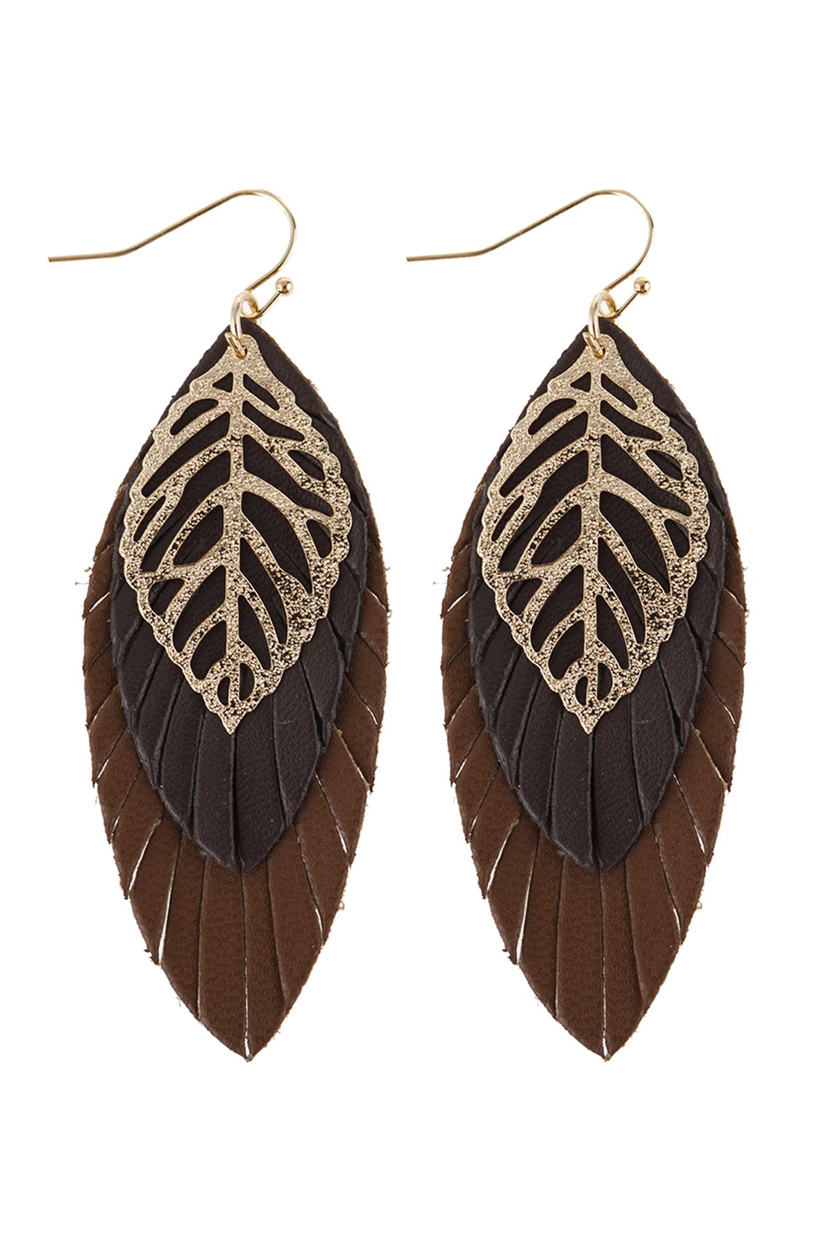 Dark Brown Leaf Layered Fringed Leather Earrings