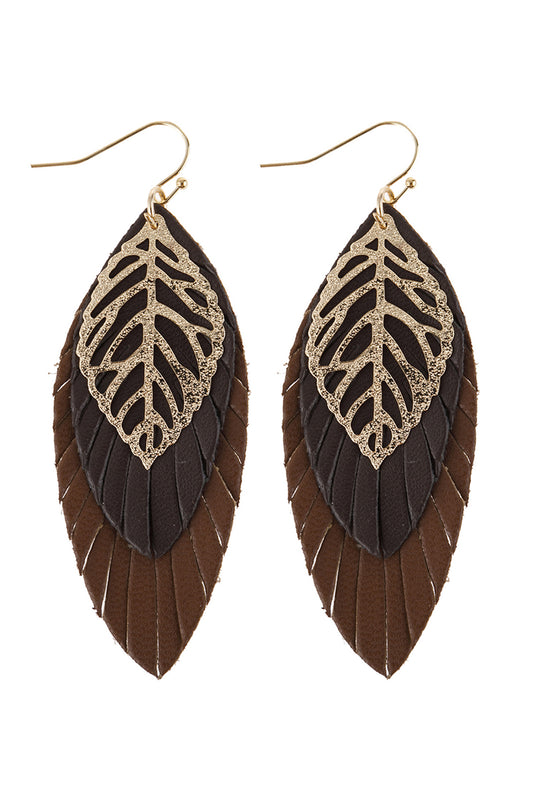 Dark Brown Leaf Layered Fringed Leather Earrings
