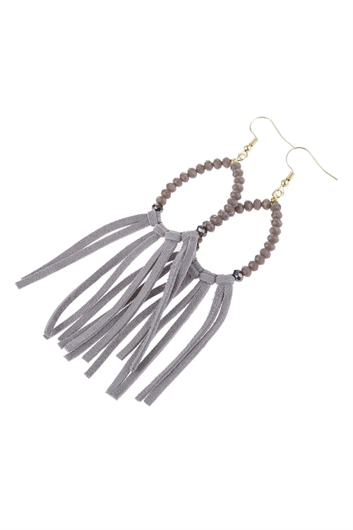 Gray Beads With Cloth Tassel Dangle Earrings