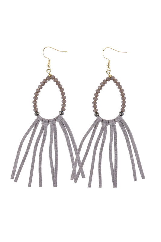 Gray Beads With Cloth Tassel Dangle Earrings