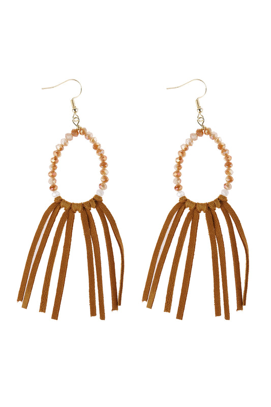 Light Brown Beads With Cloth Tassel Dangle Earrings
