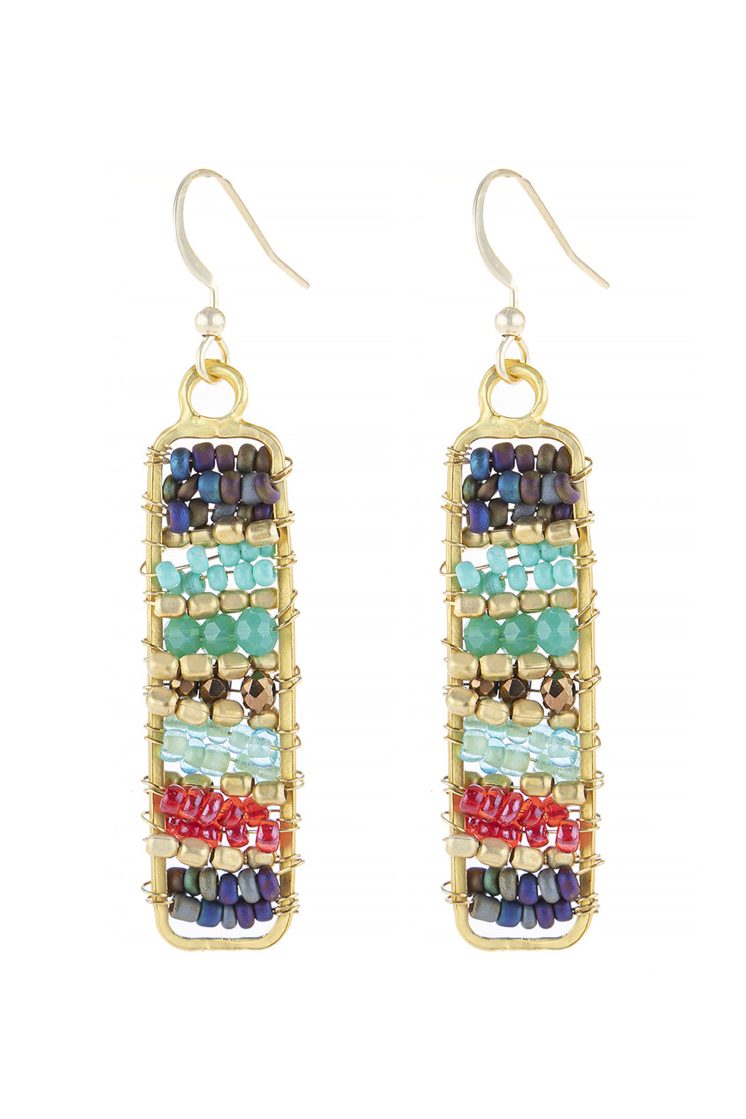 Rectangle Glass Beads Hook Drop Earrings Tur2uoise