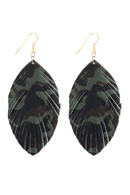 Fringed Leopard Leather Drop Earrings Camo
