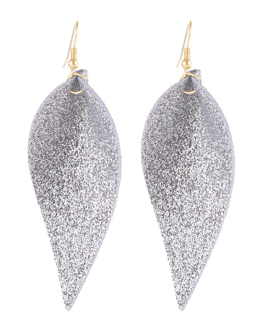 Silver Pinched Glittery Leather Drop Earrings