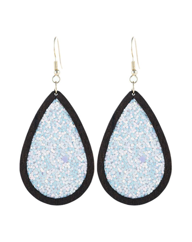 Se2uin Glitter Wood Teardrop Hook Earrings White