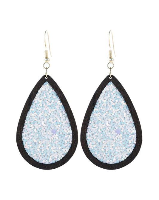 Se2uin Glitter Wood Teardrop Hook Earrings White