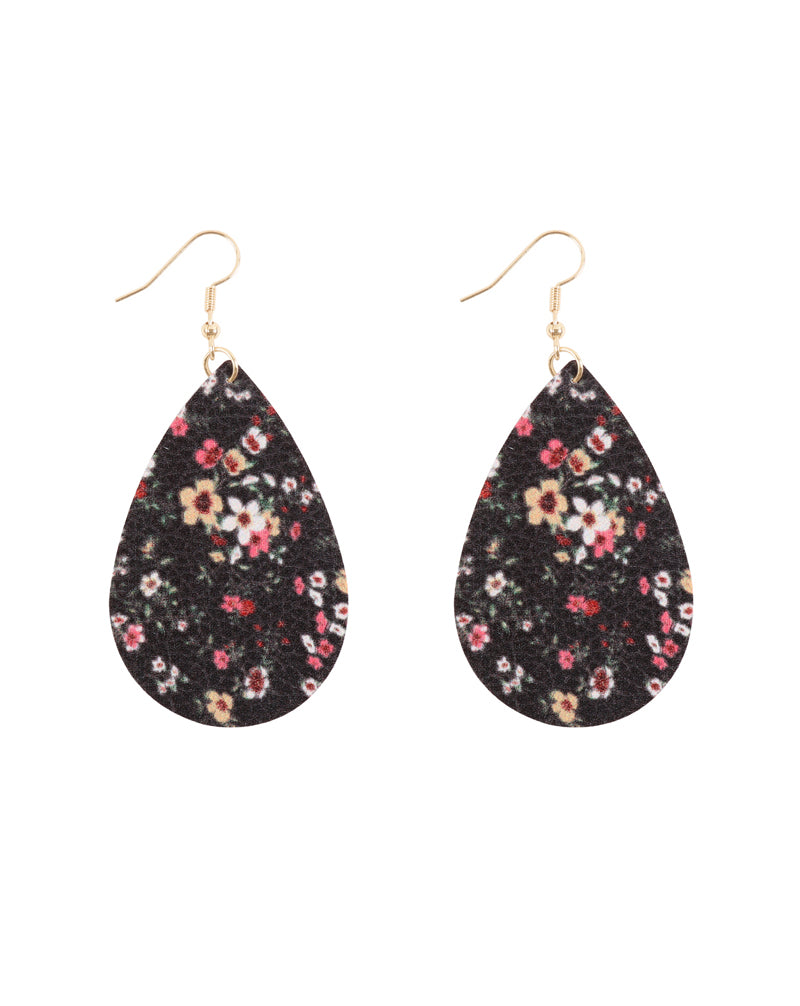 Floral Printed Pear Shape Earrings Black
