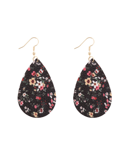 Floral Printed Pear Shape Earrings Black