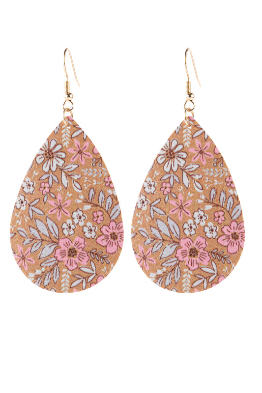 Floral Printed Pear Shape Earrings Brown