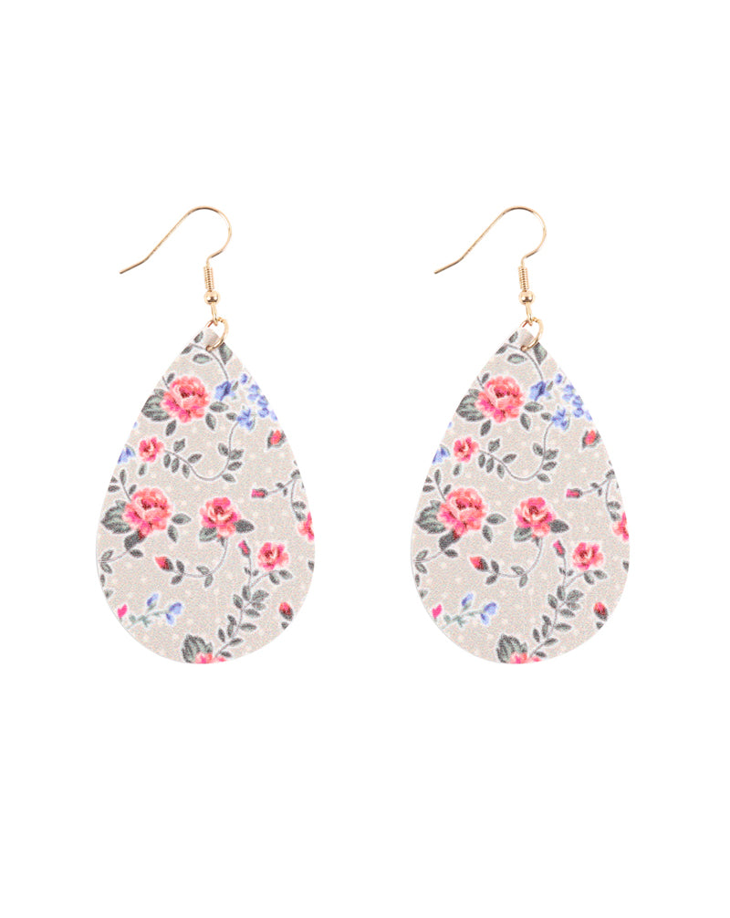 Floral Printed Pear Shape Earrings Gray