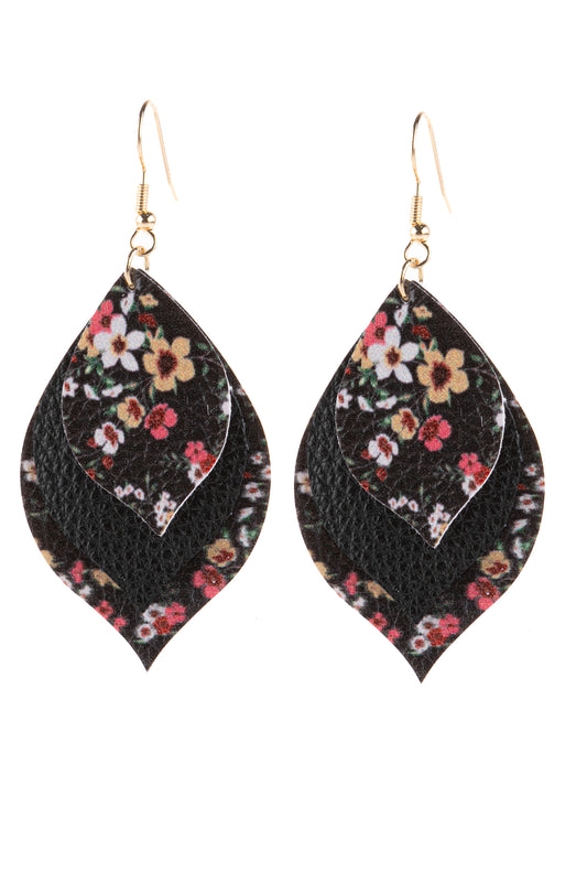 Floral Leather Mar2uise Drop Earrings Black