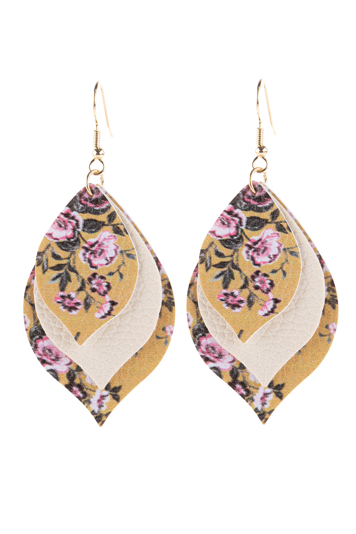 Floral Leather Mar2uise Drop Earrings Mustard