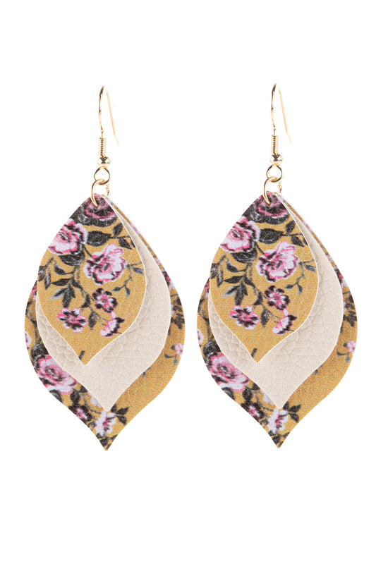 Floral Leather Mar2uise Drop Earrings Mustard