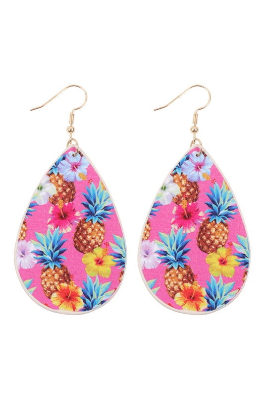 Floral Pineapple Print Teardrop Earrings Pink