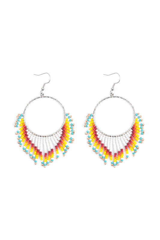 Boho Hoop Seed Beads Fringe Fish Hook Earrings White