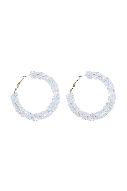 Cluster Rhinestone Glitter Hoop Earrings White