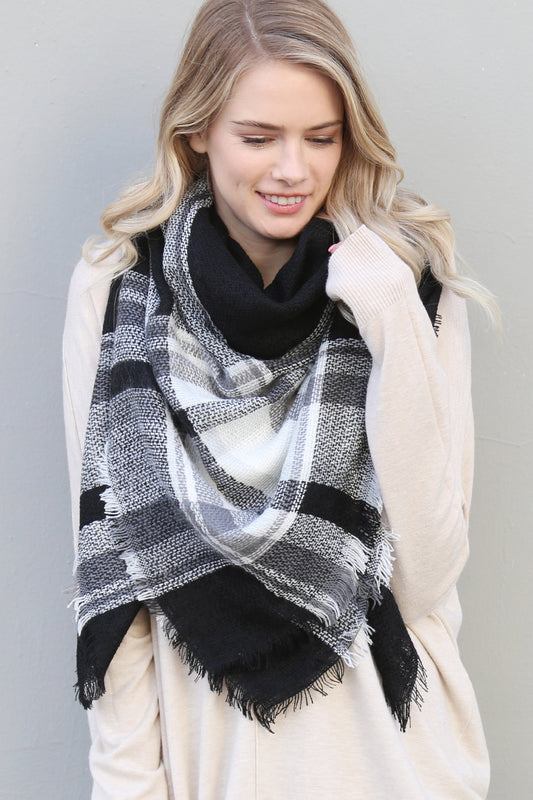 Black Gray Blanket Fringed Scarf
