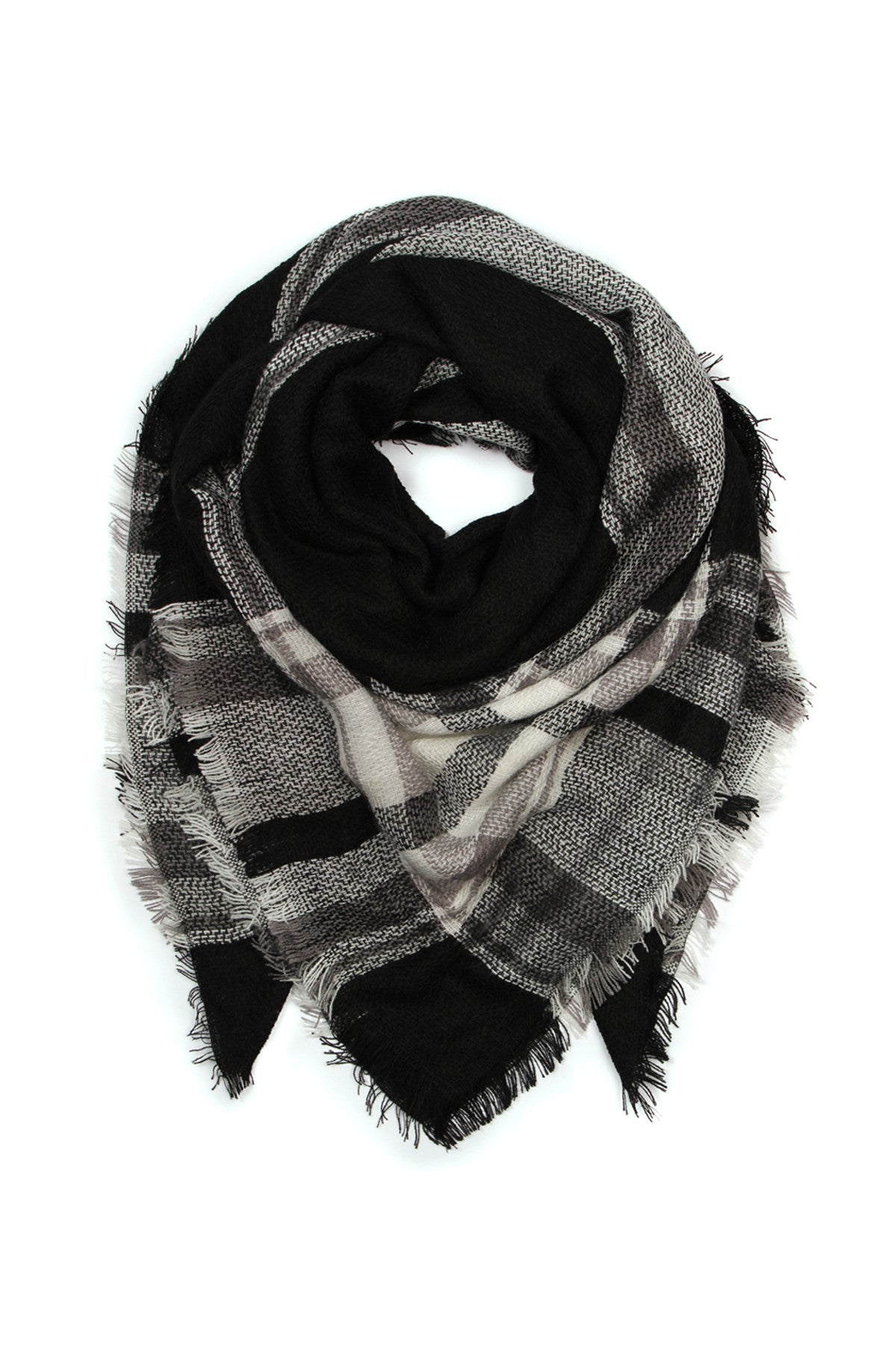 Black Gray Blanket Fringed Scarf